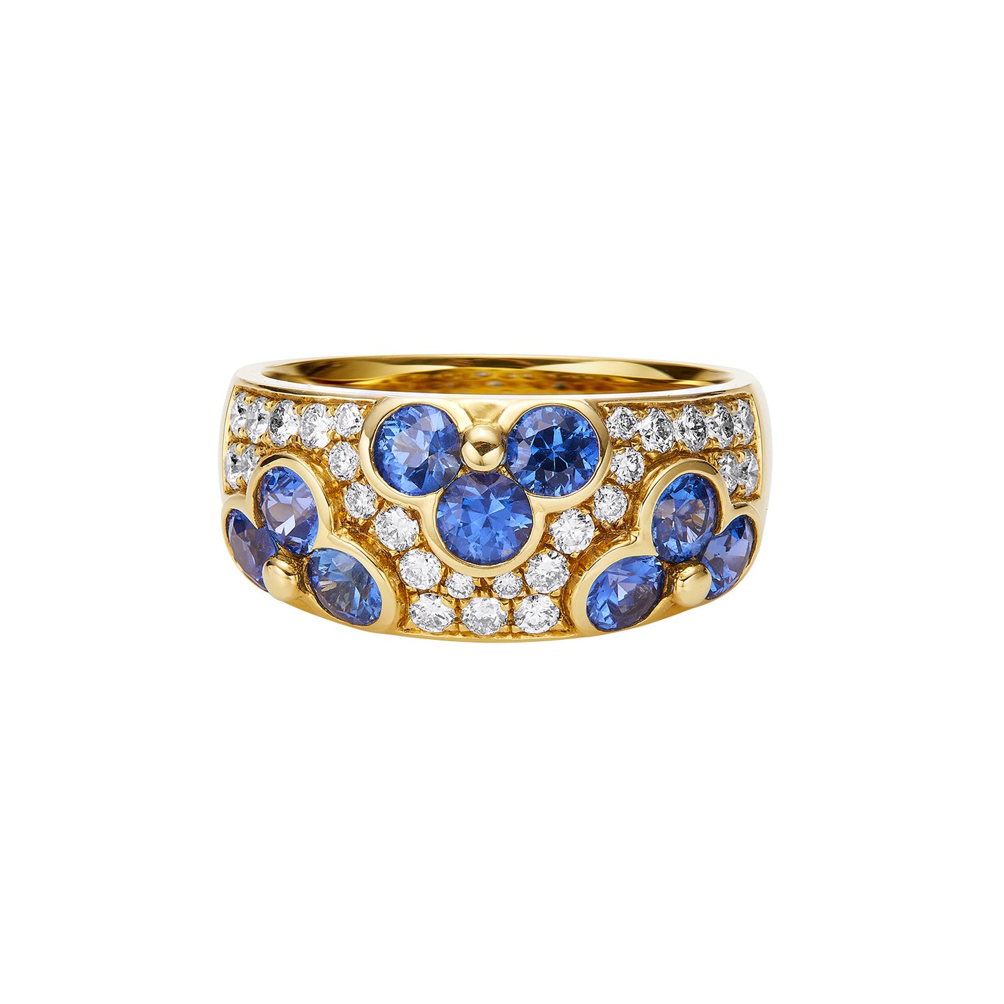 GEMCOOK 18k Yellow Gold Wide Sapphire Flower Ring