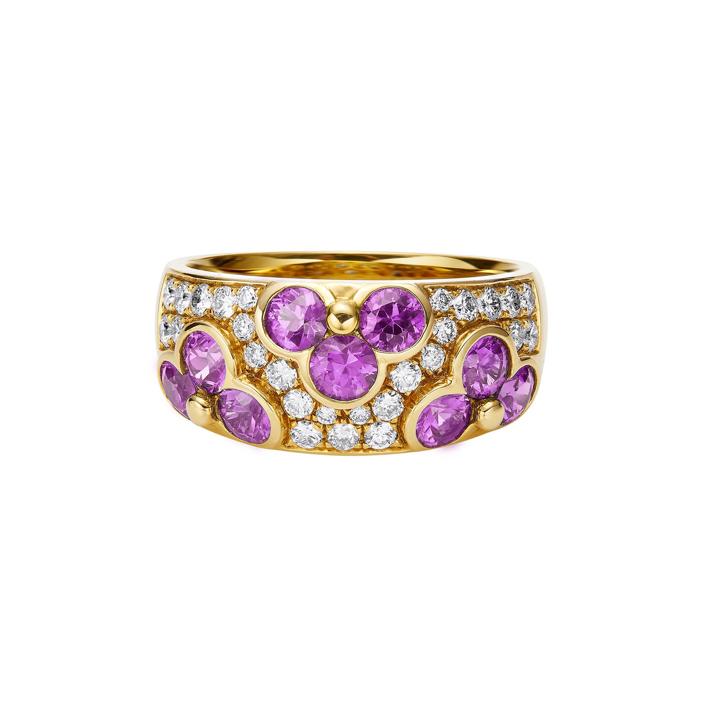 GEMCOOK 18K Yellow Wide Pink Sapphire Flower Ring