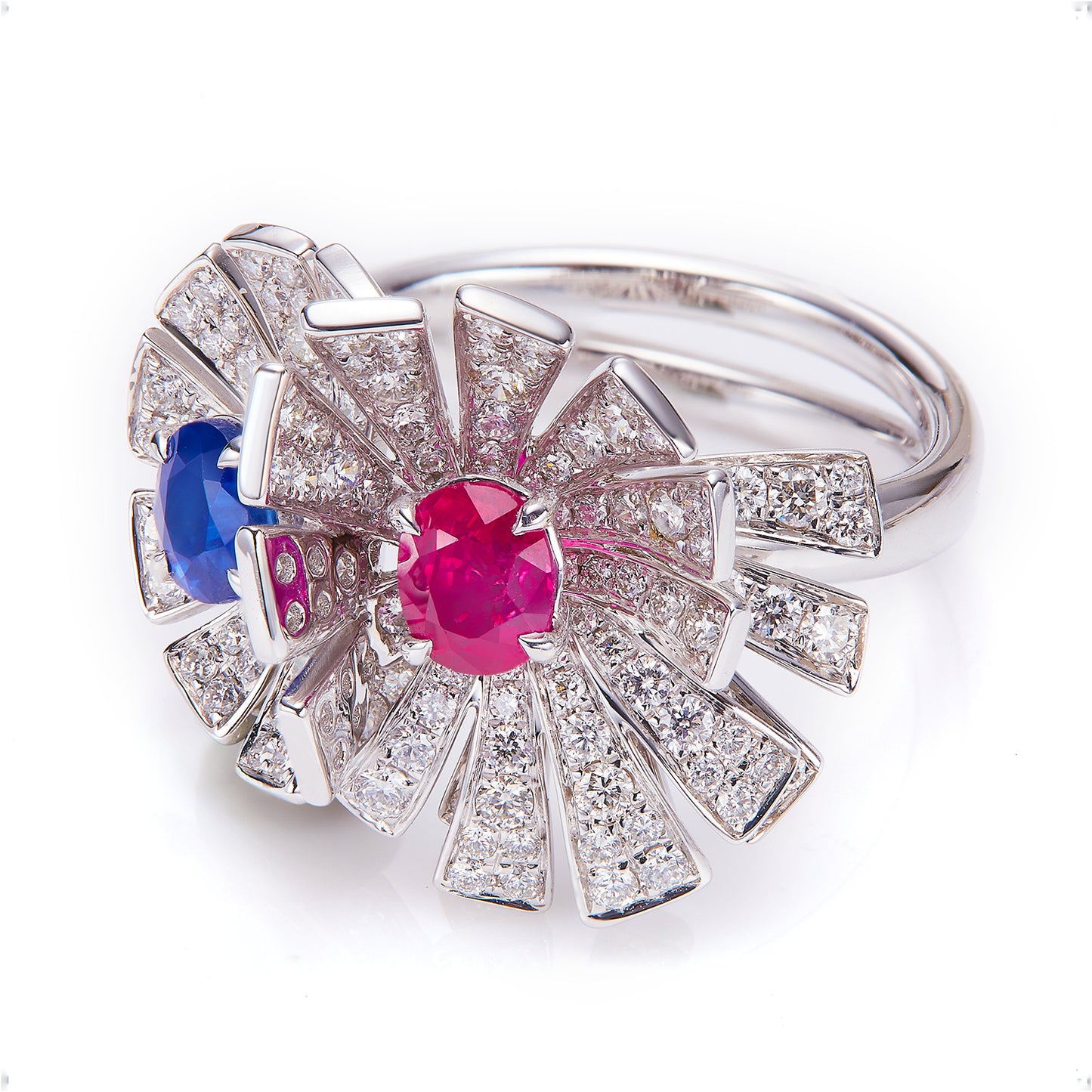 GEMCOOK Burmese Red Ruby and Blue Sapphire Double Stone Ring